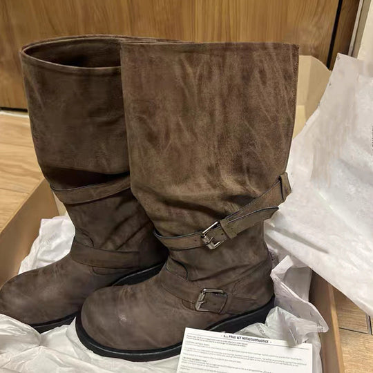 Damen Overknee-Stiefel mit glamourösem Schnallenverschluss