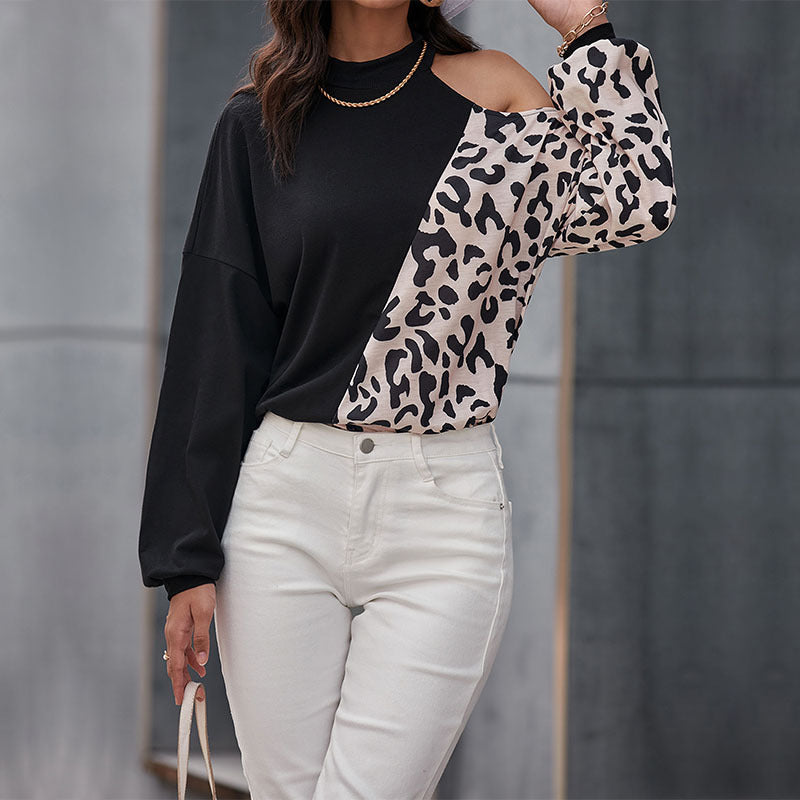 Damen Schulterfreies Sweatshirt mit Leoparden-Panel und Stehkragen Shop Nory