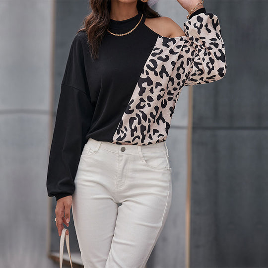 Damen Schulterfreies Sweatshirt mit Leoparden-Panel und Stehkragen Shop Nory