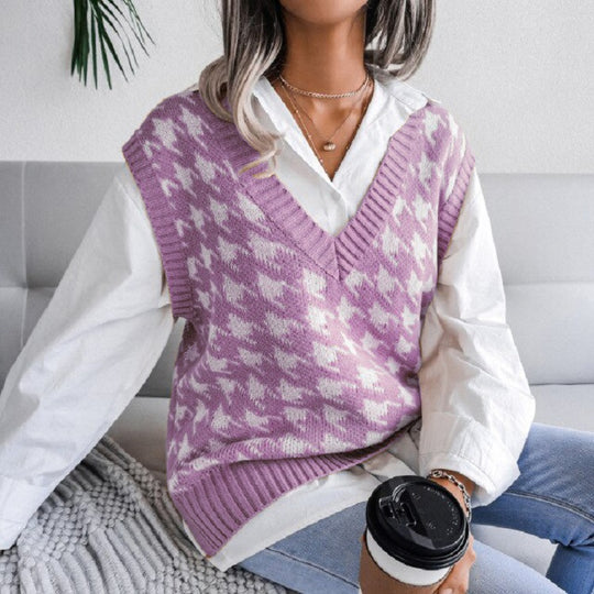 Damen Oversize Strickweste mit Hahnentritt-Muster und V-Ausschnitt Shop Nory