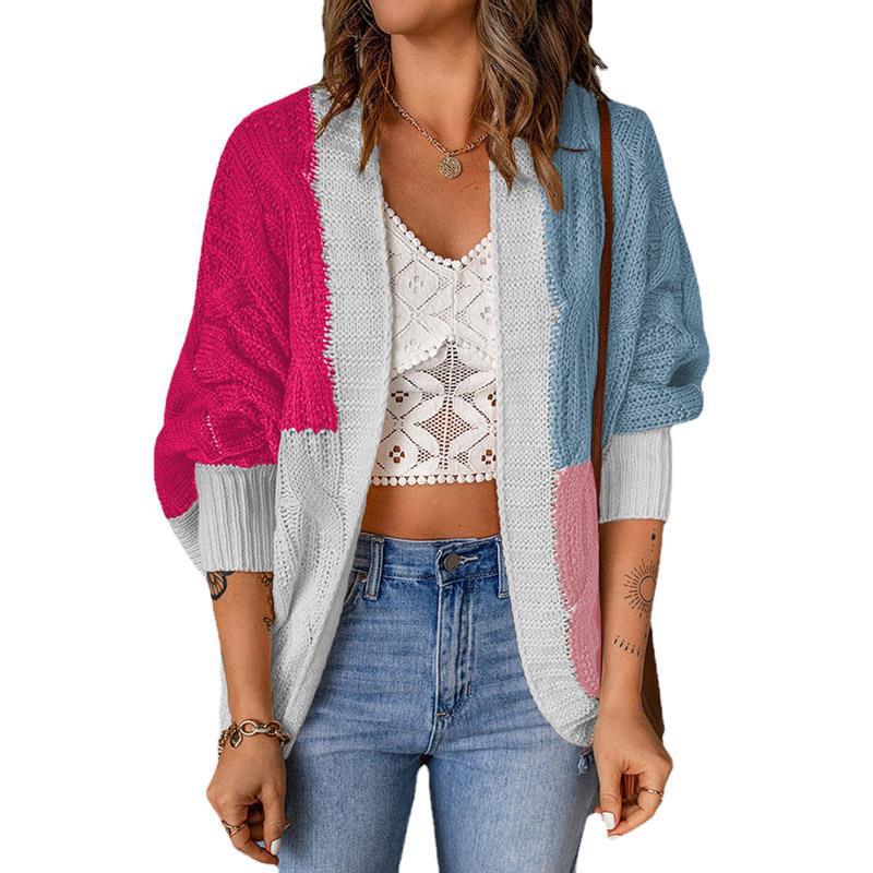 Damen Lockere Strickjacke mit modischem Farbblockdesign und tiefen Taschen