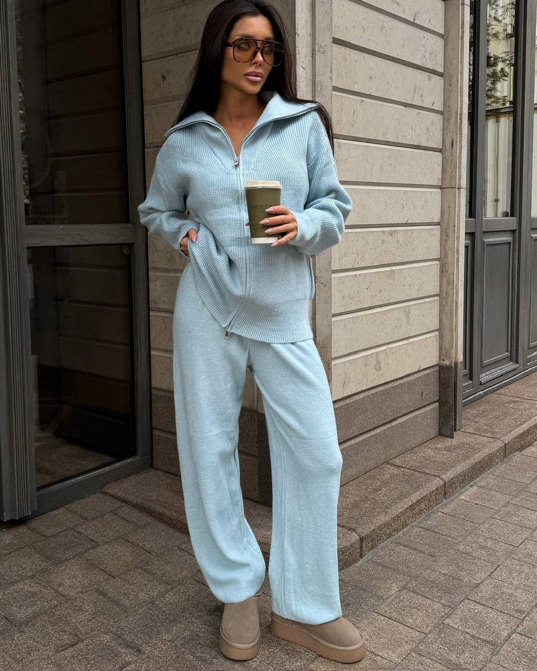 Damen Feinstrick-Loungewear-Set mit Zwei-Wege-Reißverschluss und weitem Umlegekragen Shop Nory