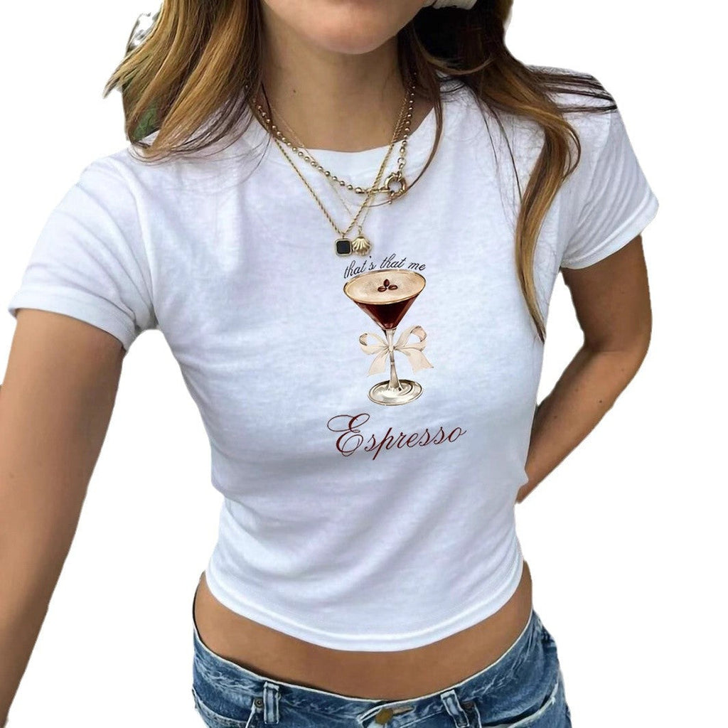 Damen Crop-T-Shirt mit künstlerischem Espresso-Motiv und verspieltem Schriftzug