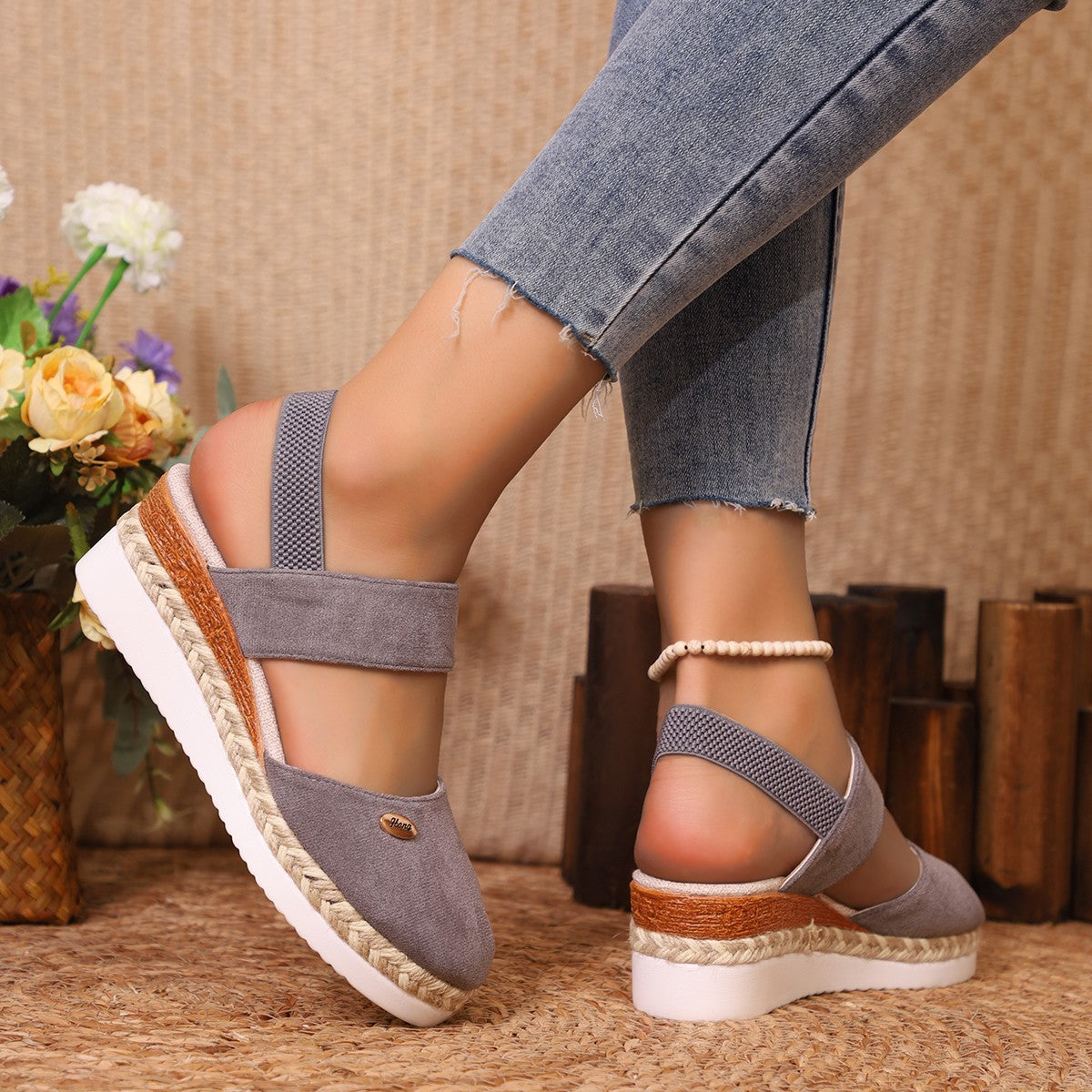 Damen Wedge-Sandalen mit elastischen Riemen und edlem Espadrille-Design