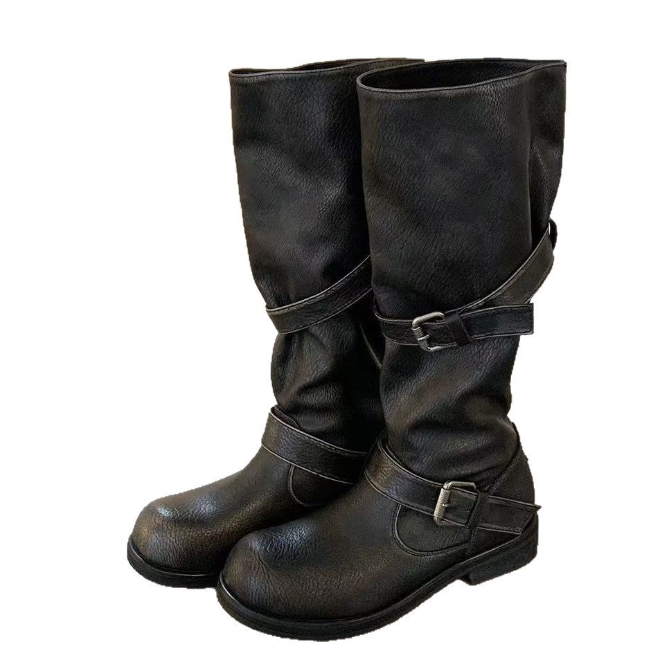 Damen modische kniehohe Stiefel mit dekorativen Riemen und robustem Blockabsatz Shopnory