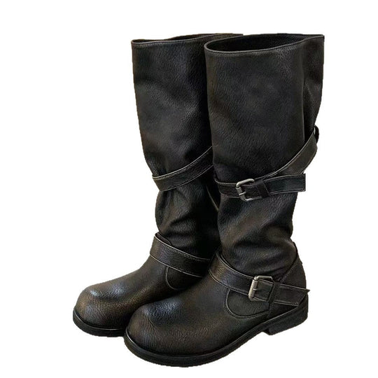 Damen modische kniehohe Stiefel mit dekorativen Riemen und robustem Blockabsatz Shopnory