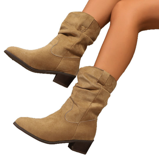 Damen Veloursleder Slouch-Cowboy-Stiefel mit niedrigem Blockabsatz Shop Nory