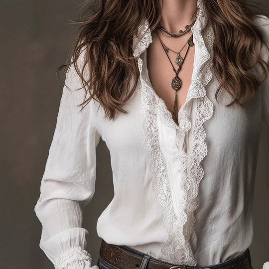 Damen elegante Bluse mit Rüschendetails und Spitzenbesatz
