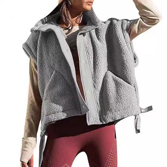 Damen Übergroße Teddyfleece-Weste mit Kapuze und Druckknöpfen Shop Nory