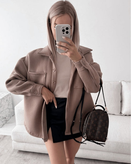 Damen Oversized Hemdjacke Shacket aus weichem Wollmix mit aufgesetzten Brusttaschen Shop Nory