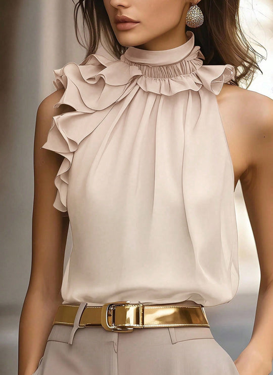 Damen Hochgeschlossenes Chiffon-Top mit Rüschenkragen und asymmetrischem Volant Shop Nory