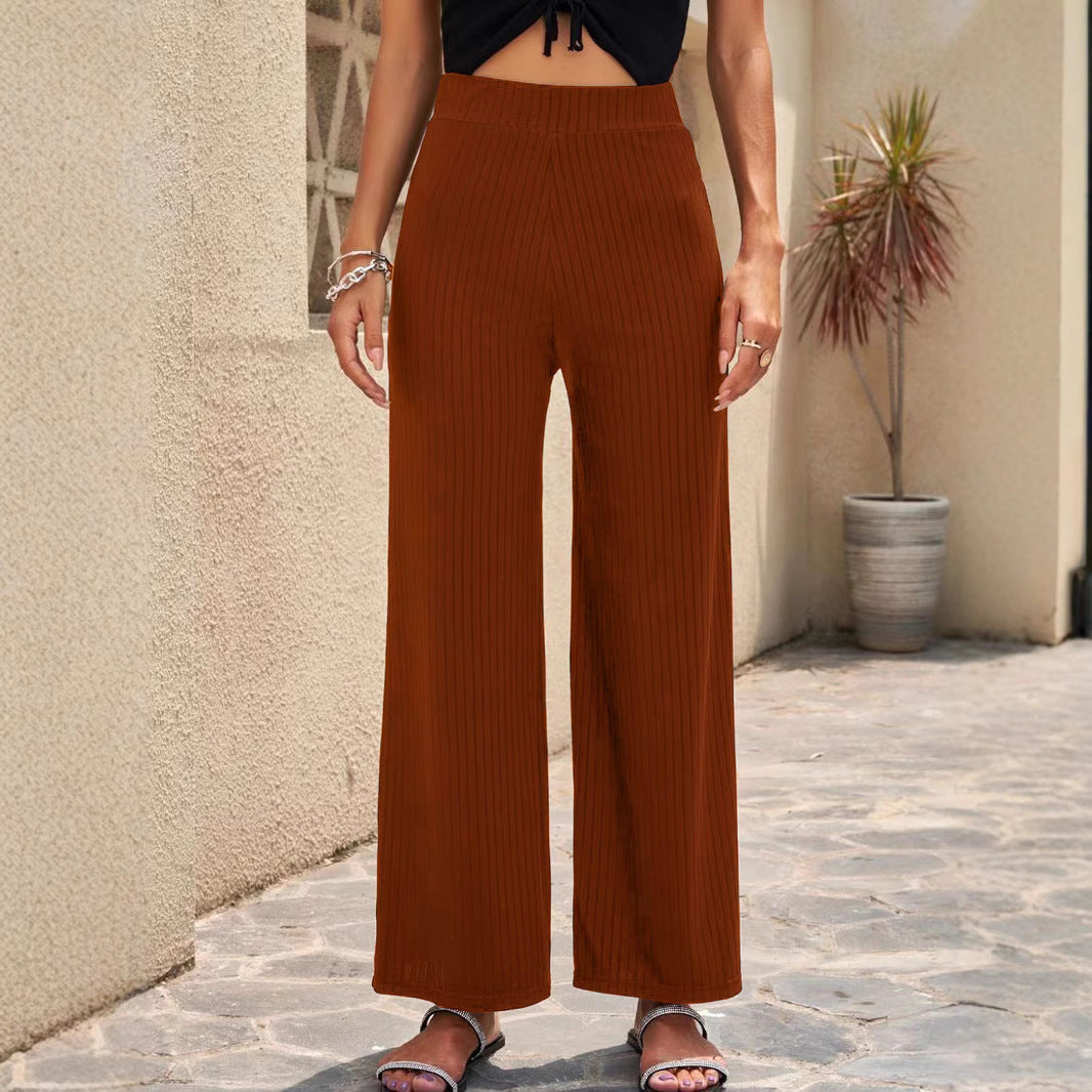 Damen Weite, gestreifte Plisseehose mit hohem Bund und elastischem Taillenbund