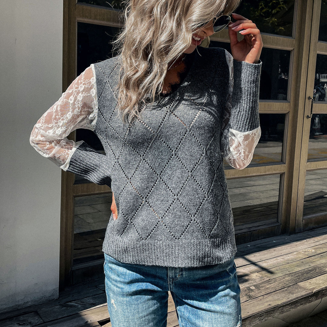 Damen Lässiger Feinstrickpullover mit Ajour‑Rautenmuster, transparenten Spitzenärmeln und gerippten Bündchen Shop Nory
