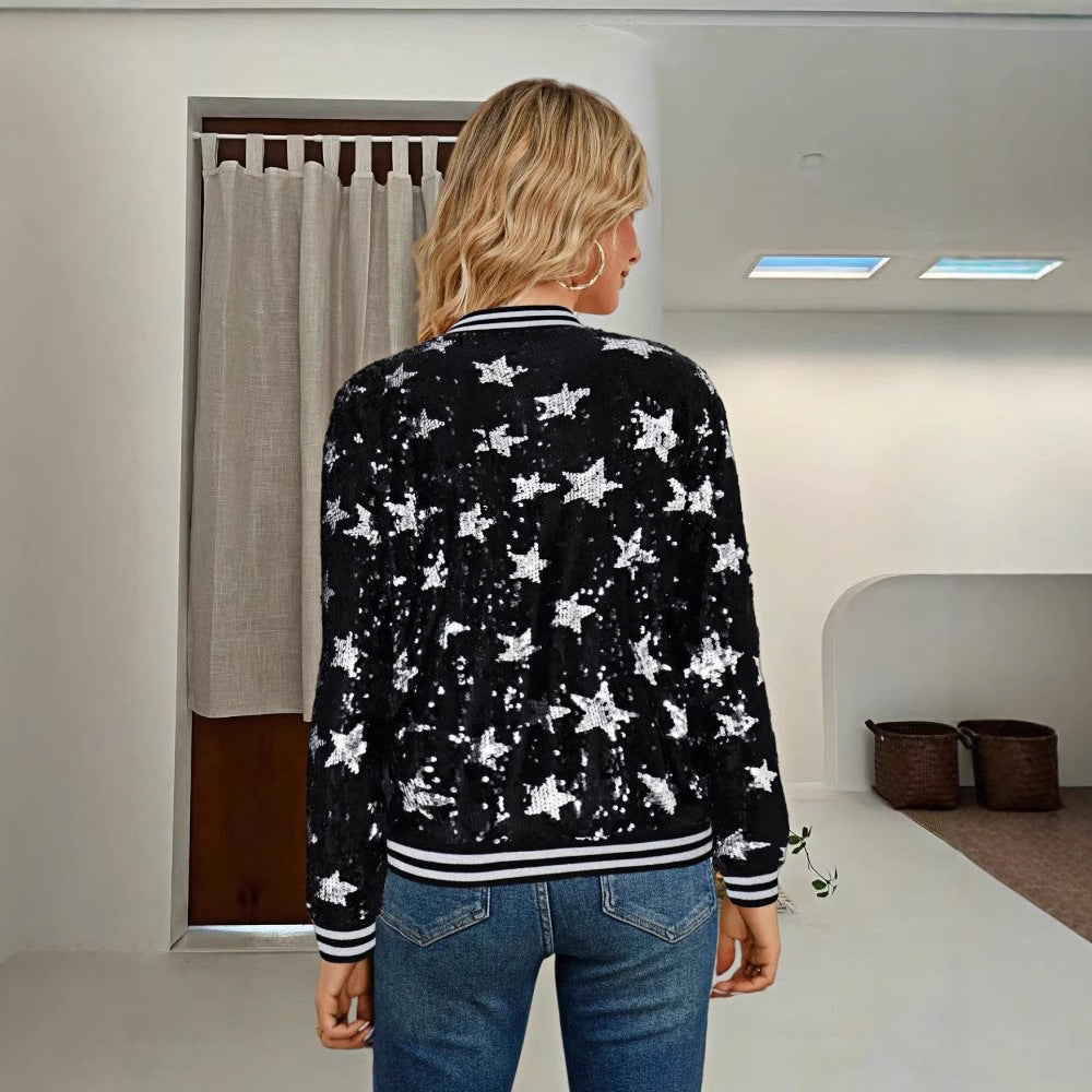 Damen Glitzernde Bomberjacke mit Sternen-Motiv Shopnory