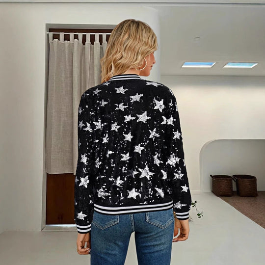 Damen Glitzernde Bomberjacke mit Sternen-Motiv Shopnory