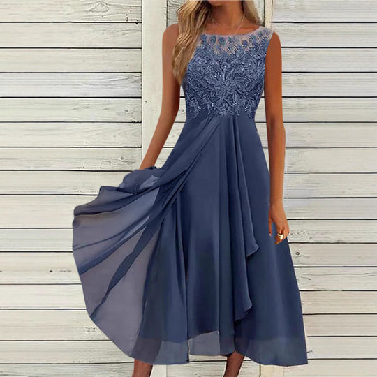 Damen nan ärmelloses Chiffon-Midikleid mit bestickter Illusionsspitze, Schiff-Ausschnitt und mehrlagigem Schwingrock