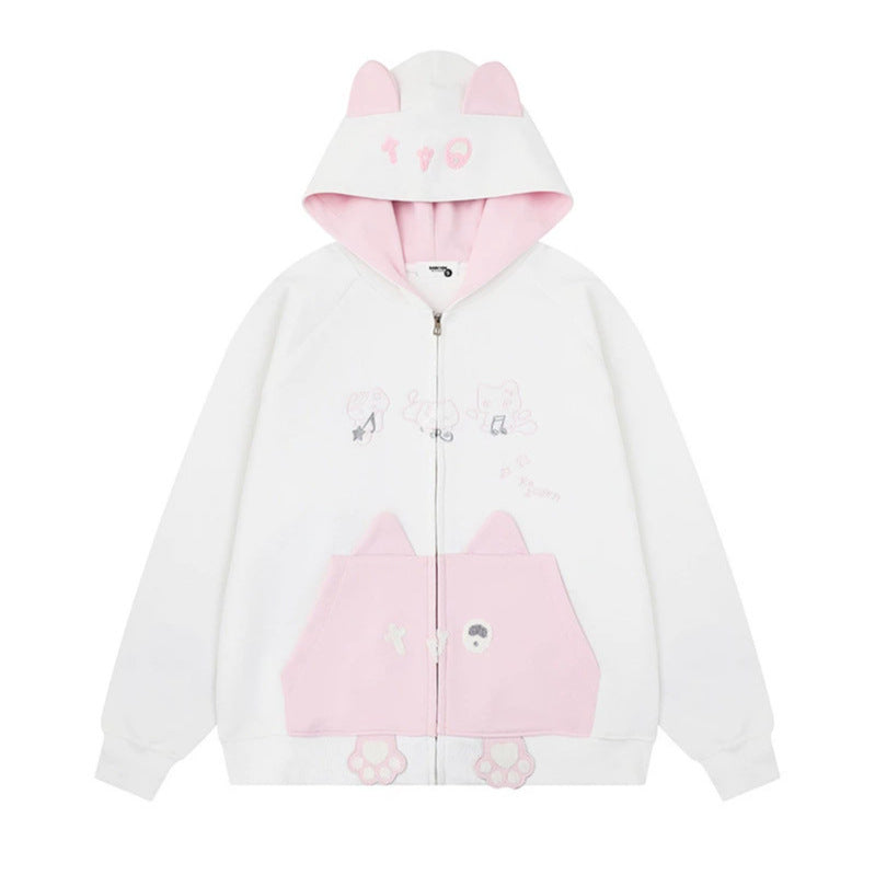 Damen Kapuzen-Sweatjacke mit Ohren, durchgehendem Reißverschluss, Kängurutasche mit Pfoten‑Applikation und verspielten Stickereien Shop Nory
