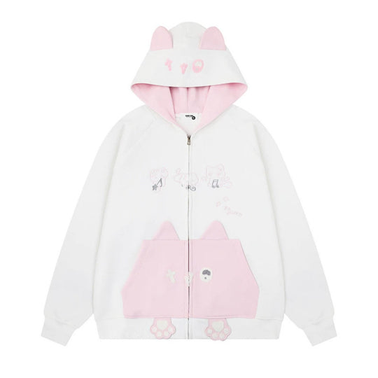 Damen Kapuzen-Sweatjacke mit Ohren, durchgehendem Reißverschluss, Kängurutasche mit Pfoten‑Applikation und verspielten Stickereien Shop Nory