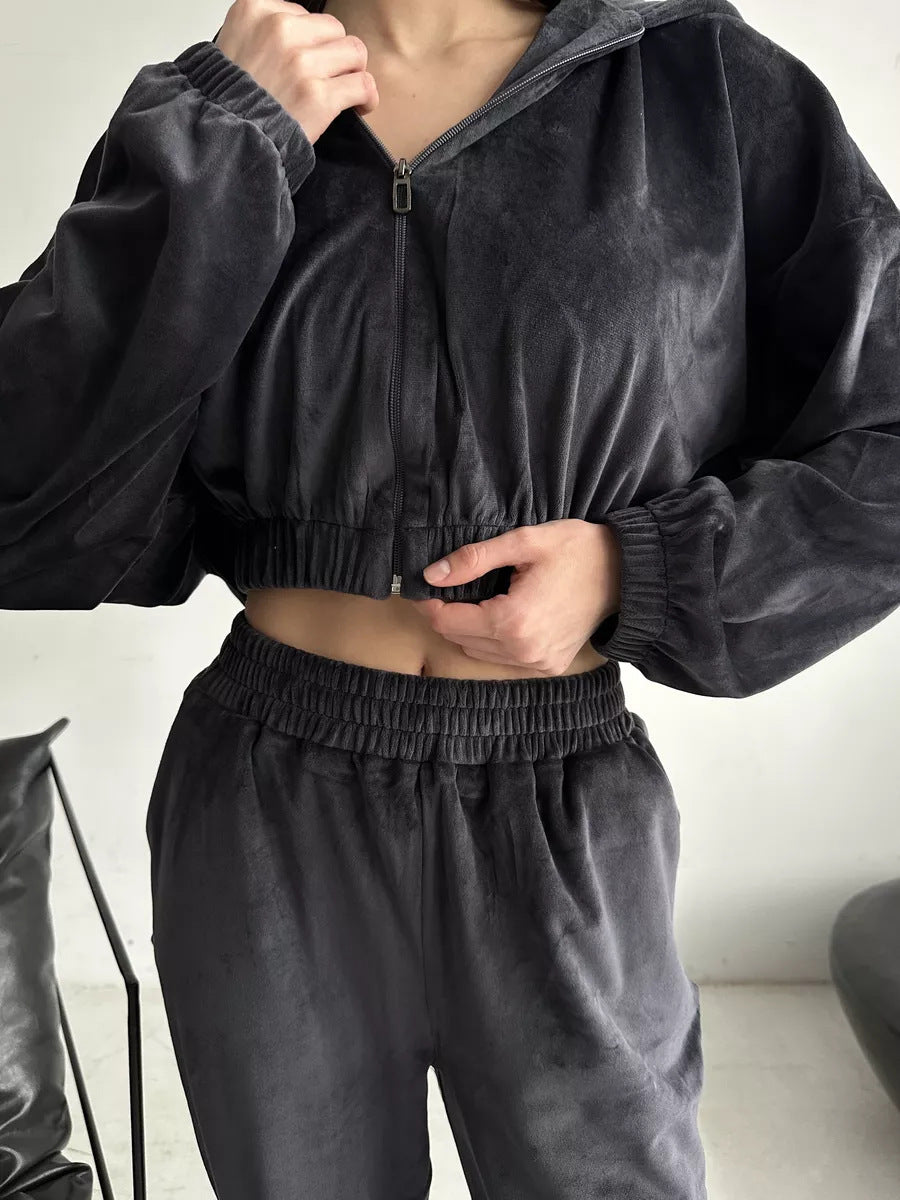 Damen luxuriöser Samt-Trainingsanzug mit geraffter Bomberjacke und High-Waist Jogginghose Shop Nory
