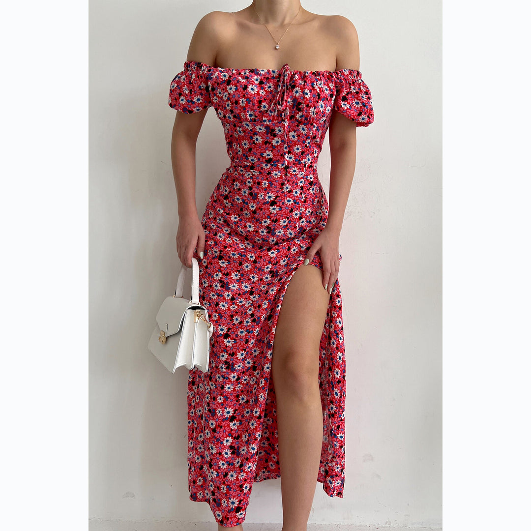Damen Off-Shoulder Maxikleid mit floralem Design und elegantem Schlitz