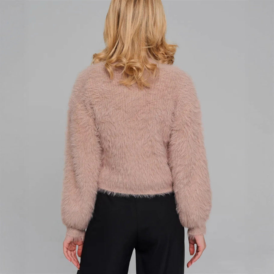 Damen Kurze flauschige Kunstfell-Cardigan mit offenem Schnitt und Raglanärmeln Shop Nory