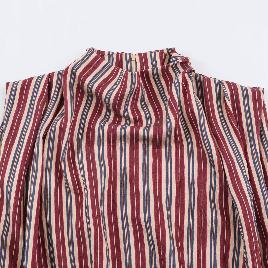 Damen Ärmellose Gestreifte Bluse mit Wasserfallkragen und Bindegürtel Shop Nory