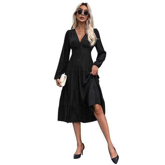 Damen Langes V‑Ausschnitt Stufenkleid mit durchgehender Knopfleiste und taillierter Naht Shop Nory