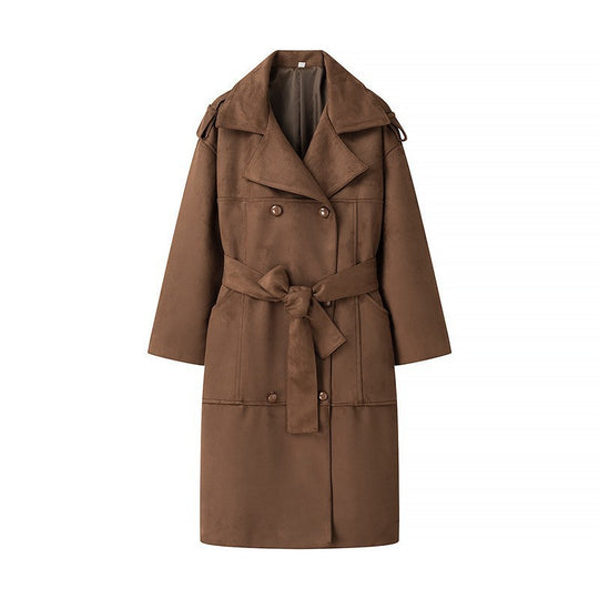 Damen Midilanger Oversize-Trenchcoat aus Veloursimitat mit doppelreihiger Knopfleiste, Schulterpatten und Bindegürtel Shop Nory
