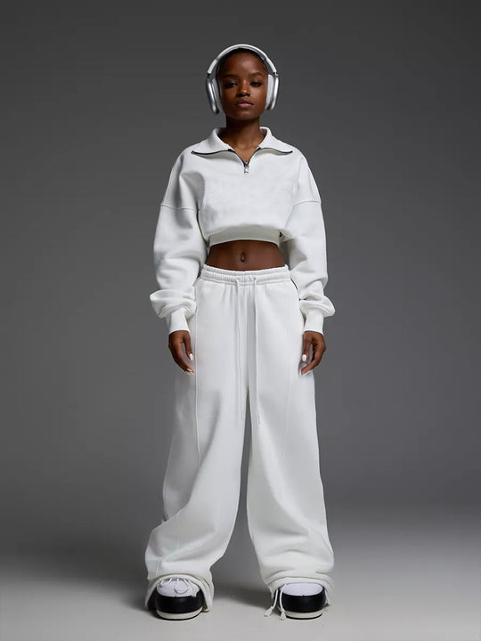 Damen kurzes Half-Zip Crop-Sweatshirt mit hoher Taille und weitem Sweatpants-Set Shop Nory
