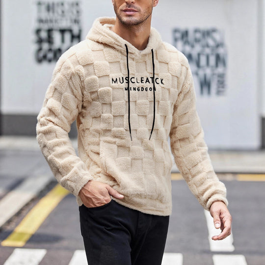 Herren flauschiger Sherpa-Hoodie mit Quadrat-Steppmuster, Kängurutasche und verstellbarer Kapuze Shop Nory