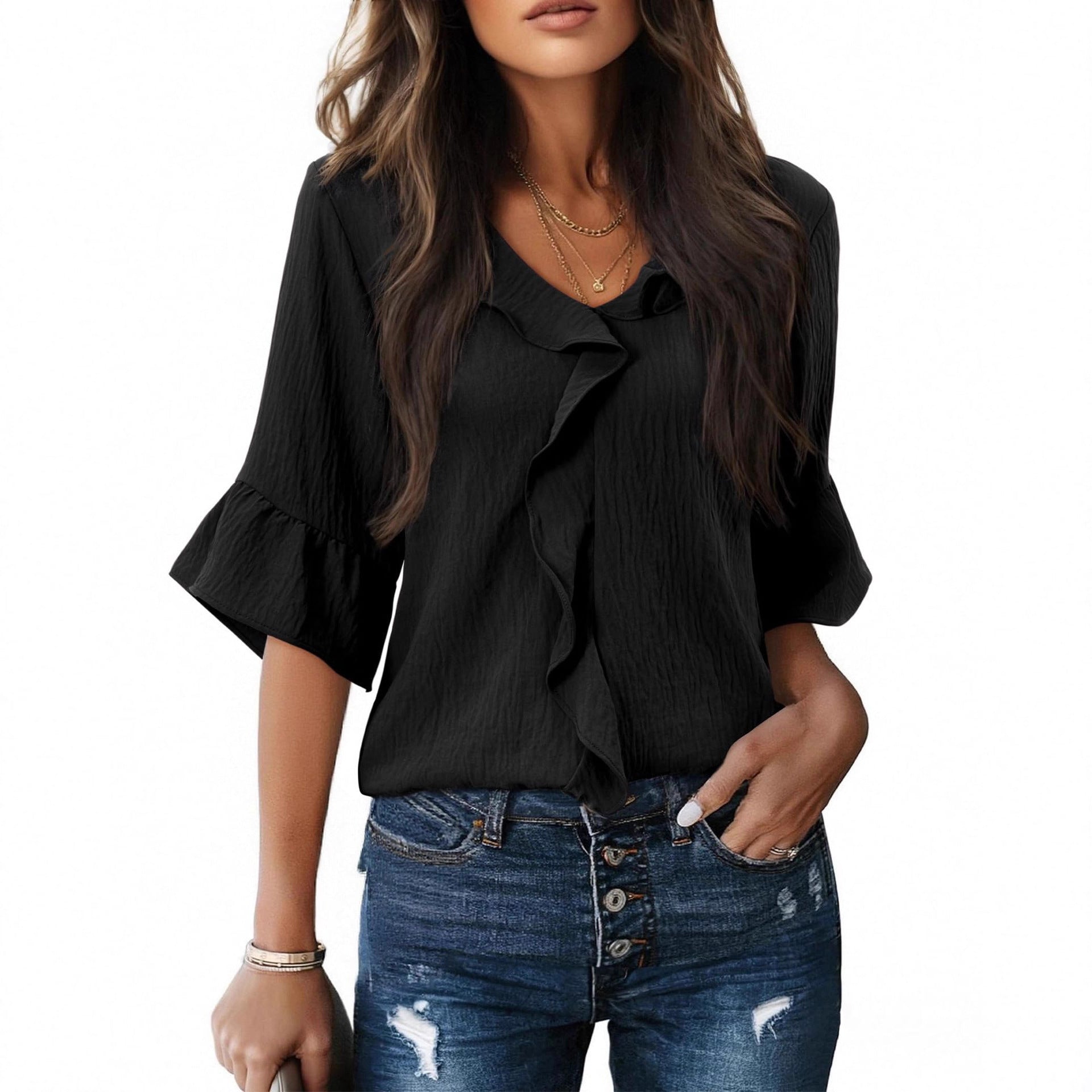 Damen Luftiges Blusenshirt mit Rüschendetails und V-Ausschnitt