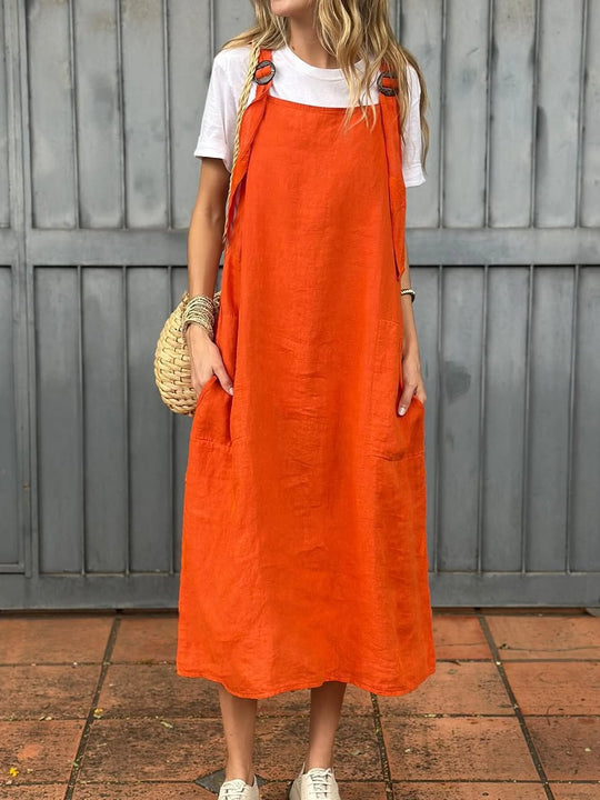 Damen lässiges Leinenkleid mit praktischen Taschen und verstellbaren Trägern