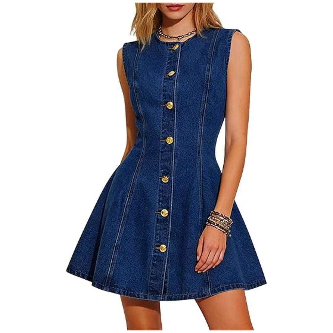 Damen Ärmelloses Jeanskleid mit taillierter A-Linie und durchgehender Knopfleiste Shop Nory