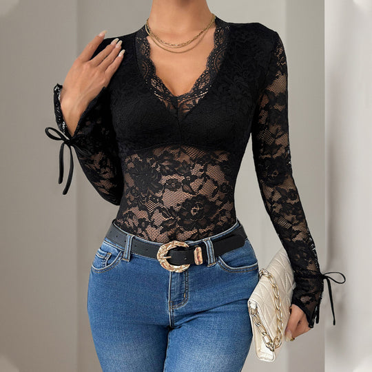Damen Figurbetonter Spitzen-Body mit semi-transparentem Blumenmesh, V-Ausschnitt & Bindärmeln Shop Nory
