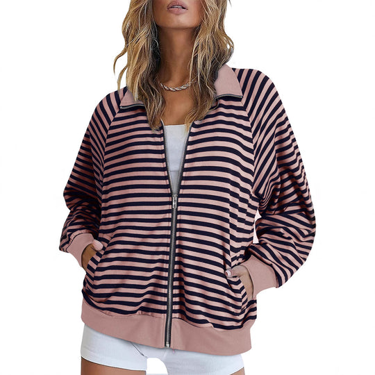 Damen Gestreifte Zip‑Jacke mit Reißverschluss, Raglanärmeln und Rippbündchen Shop Nory