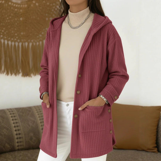 Damen Langer Kapuzen-Strickcardigan mit Rippenstruktur, Knopfleiste und Seitentaschen Shop Nory