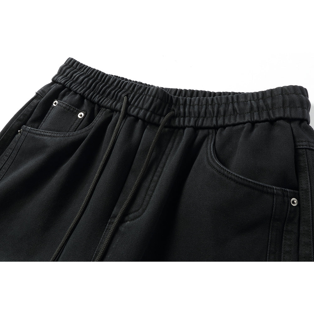 Damen Weite hochgeschnittene Jeanshose mit elastischem Bund, Kordelzug und Ziernähten Shop Nory