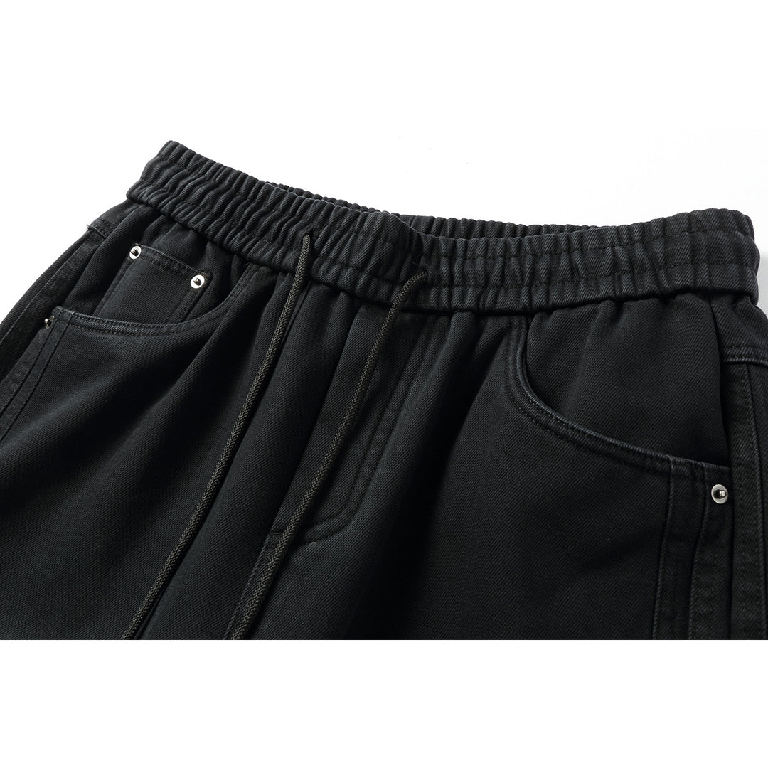 Damen Weite hochgeschnittene Jeanshose mit elastischem Bund, Kordelzug und Ziernähten Shop Nory