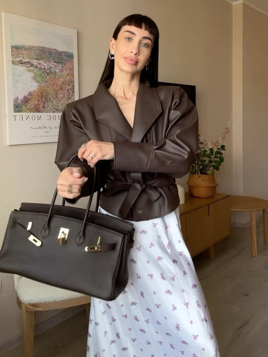 Damen Kurzblazer aus veganem Leder mit Taillengürtel Shop Nory