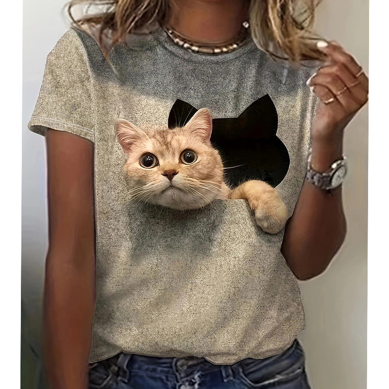 Damen T-Shirt mit 3D-Katzenmotiv und kreativem Rissdesign
