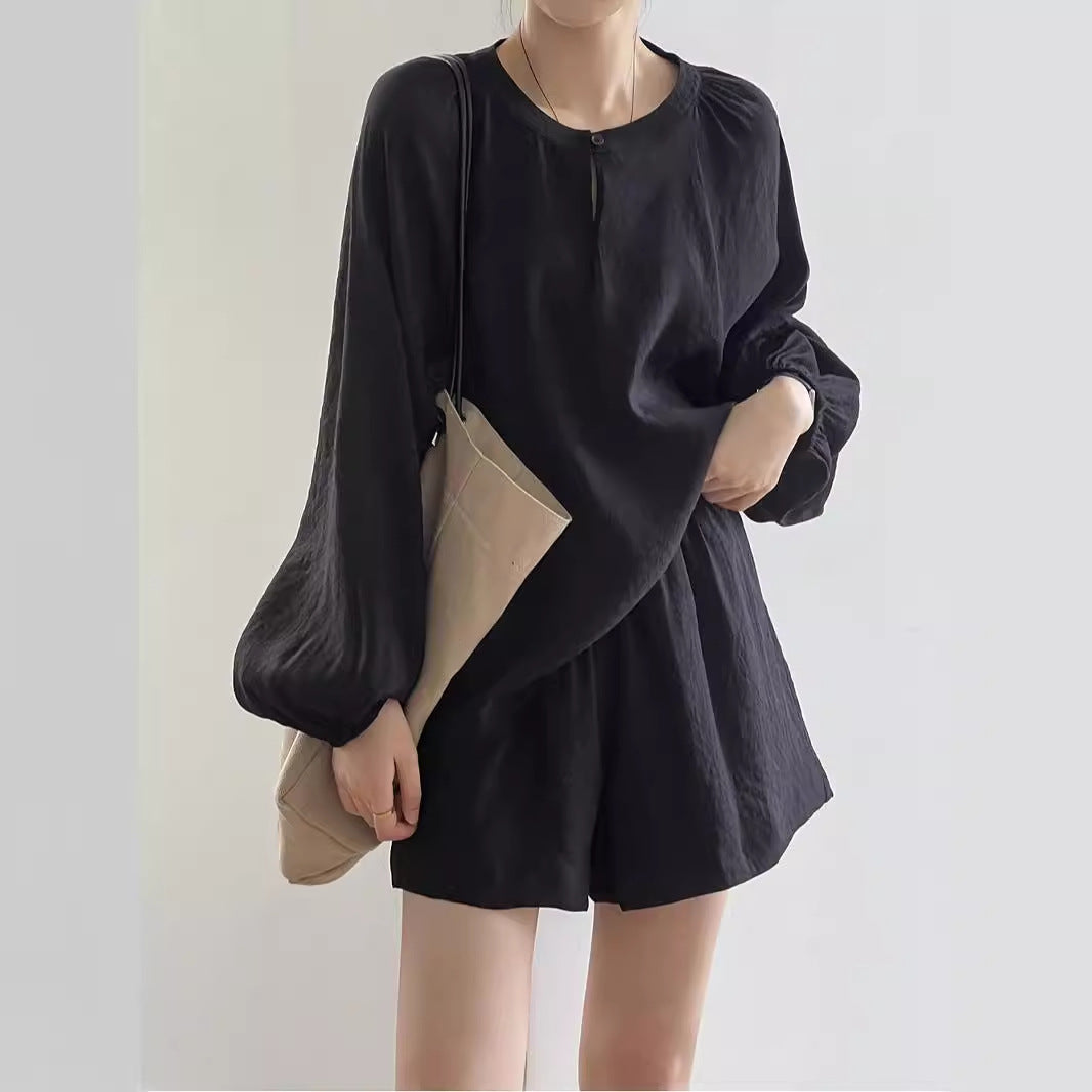 Damen Lockeres Leinen-Set mit Rundhalsausschnitt, Schlitzbluse und weiten Shorts Shop Nory
