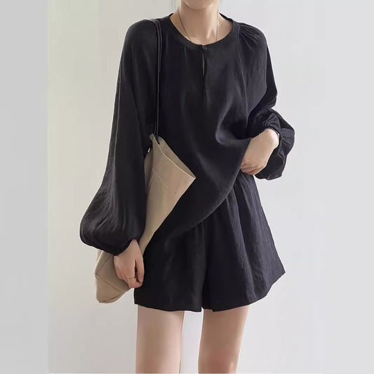 Damen Lockeres Leinen-Set mit Rundhalsausschnitt, Schlitzbluse und weiten Shorts Shop Nory