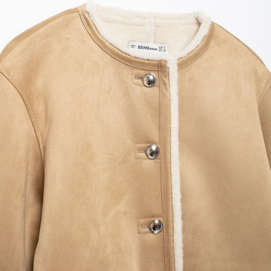 Damen Kurze Lammfelloptik-Cardiganjacke aus Veloursimitat mit Rundhals und Druckknöpfen Shop Nory