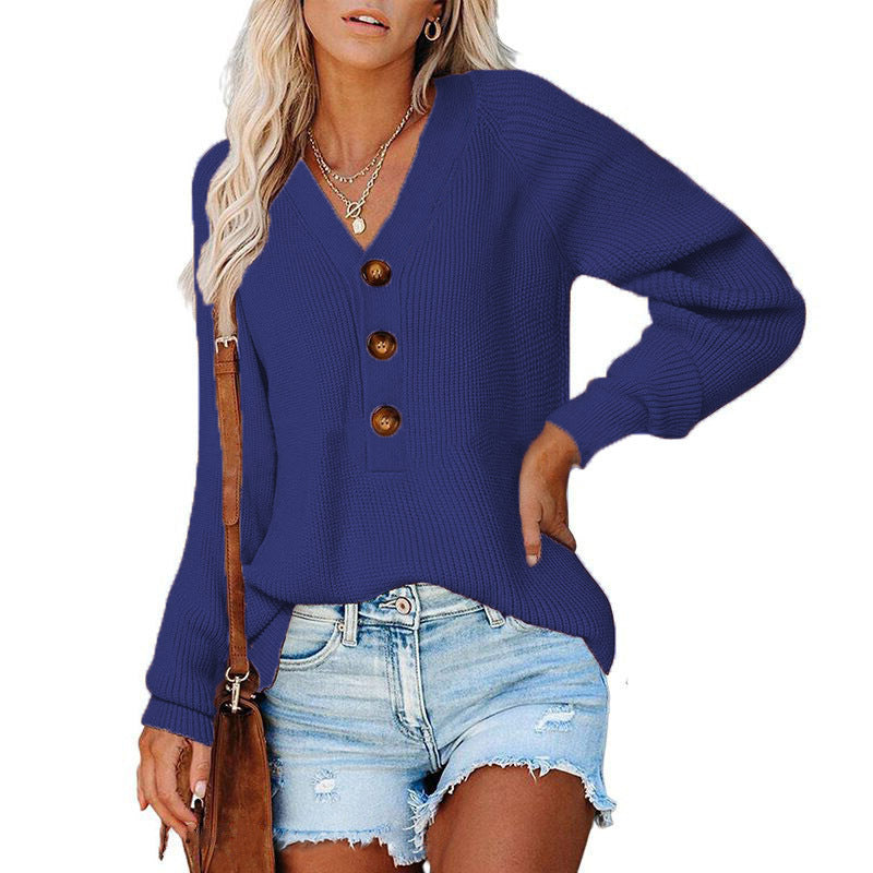 Damen Gerippter Strickpullover mit V‑Ausschnitt, Zierknopfleiste und Ballonärmeln Shop Nory