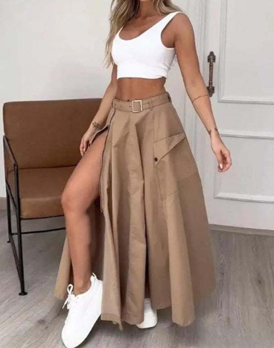 Damen Maxirock mit hohem Beinschlitz, Cargo-Taschen und Taillengürtel Shop Nory