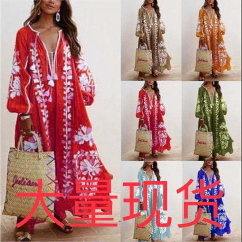 Damen Besticktes Boho-Maxikleid mit Ballonärmeln und Quastenverschluss Shop Nory