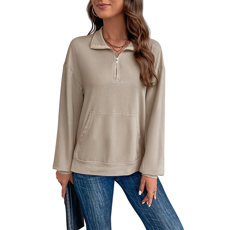 Damen Leichtes Halbzip-Sweatshirt im Relaxed-Fit mit Kängurutasche und Stehkragen Shop Nory
