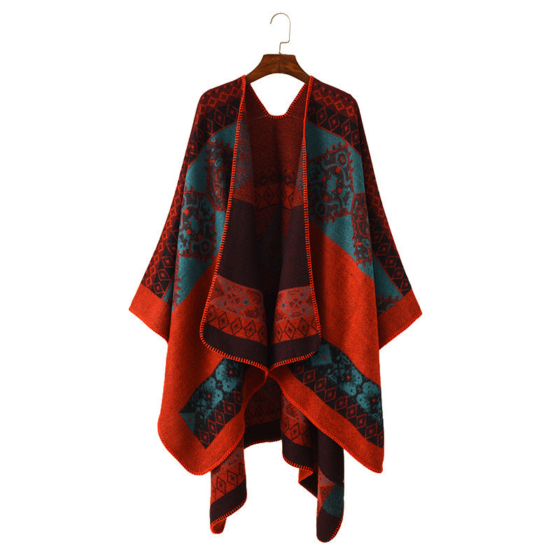 Damen Oversize Strickponcho mit folklorischem Jacquardmuster Shop Nory