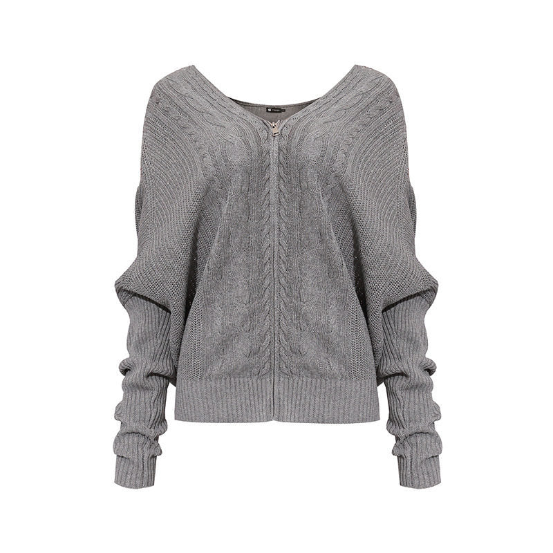 Damen figurnahe Zopfmuster-Strickjacke mit durchgehendem Reißverschluss und weitem V-Ausschnitt Shop Nory