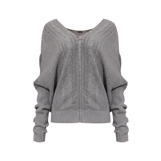Damen figurnahe Zopfmuster-Strickjacke mit durchgehendem Reißverschluss und weitem V-Ausschnitt Shop Nory